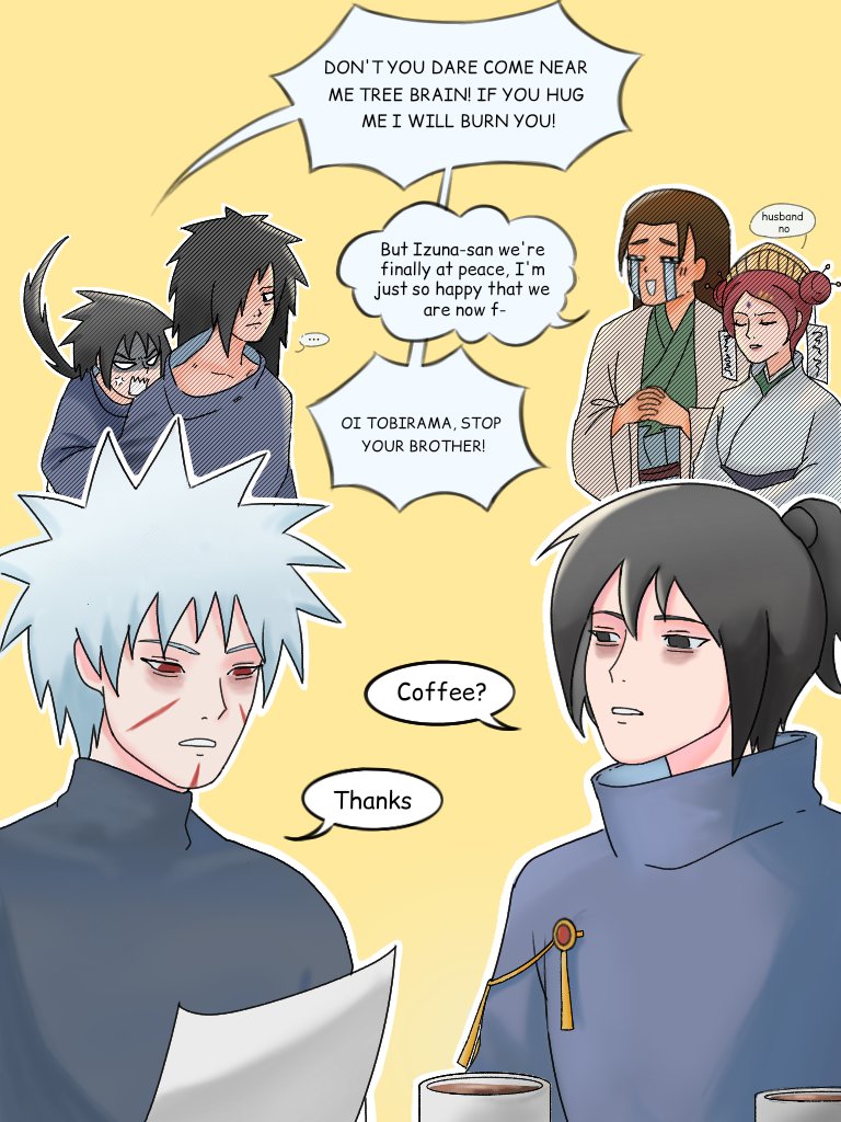 1/3) Hugs and Coffee #Tobirama #Hikaku #Hashirama #Mito #Izuna #Madara, image size:768x1024