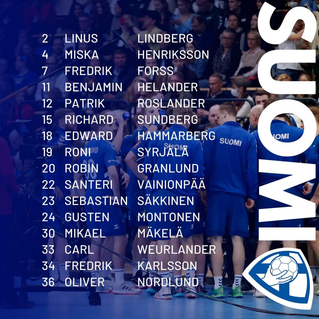 finnhandball's tweet photo. 🇫🇮Suomi tänään, Finland idag🇫🇮
Suomen ja Kroatian välinen toinen MM-karsintaottelu pelataan tänään Varazdinissa kello 19:00.
Carl Weurlander on nostettu mukaan joukkueeseen Viktor Grönmarkin tilalle. 

Ottelua voi striimata EHF TV:n kautta - tästä lisätietoja kunhan saamme linkin https://t.co/lwyOET73JF