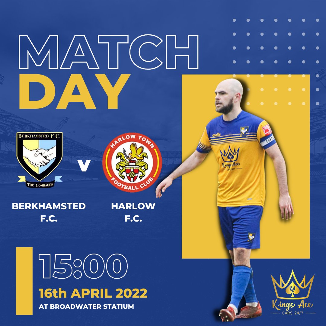 MATCH DAY!
WE ARE PROUD SPONSORS OF Berkhamsted Fc 
Good luck in today's match against Harlow F.C.
Anyone who wants to travel to or from the game can book with us at 10% discount.
Download app or Book online: onelink.to/kingsacecars
or Call us: ☎️ 01442 874700
#comrades <a href="/BerkoFC/">Berkhamsted FC</a>