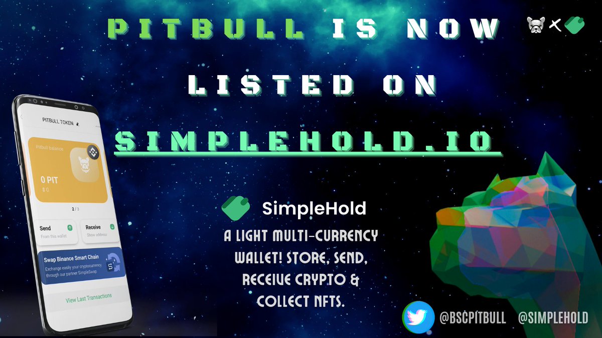 #Pitbull is now listed on <a href="/SimpleHold/">Crypto Pietro</a> 🚀

Glad to announce that $PIT is available to store, send &amp; receive on SimpleHold.io #crypto wallet, supporting built-in exchanges, #web3 integrations &amp; more!

Discover #PitbullToken on: simplehold.io/coins/pitbull

$PIT #btc #bnb #eth
