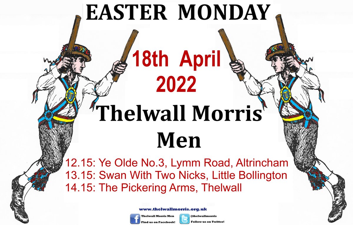 Easter Monday is our annual formal first dancing out. This year (2022) the time / locations are:
12.15: Ye Olde No.3, Lymm Road, Altrincham
13.15: Swan With Two Nicks, Little Bollington
14.15: The Pickering Arms, Thelwall
Hope to see some of you there
