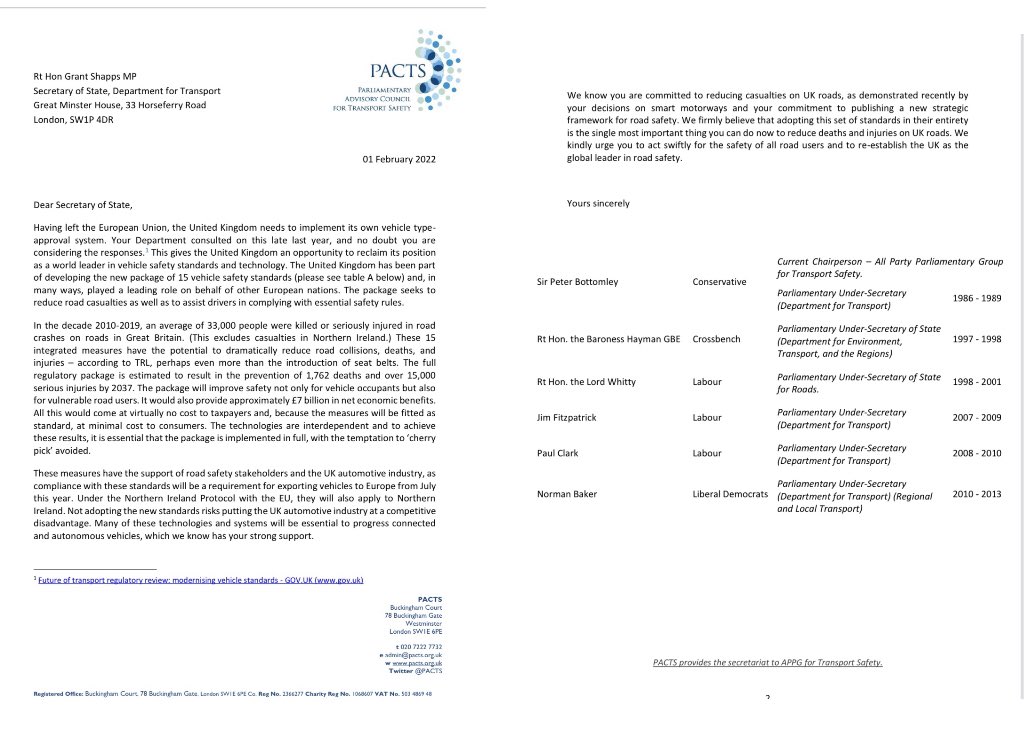 DavidDjward's tweet image. Six - cross party - former road safety ministers support @transportgovuk implementing full package of vehicle safety measures applied across EU from July. This includes Intelligent Speed Assistance. See @PACTS letter to @grantshapps. Voices of reason not reaction on road safety.