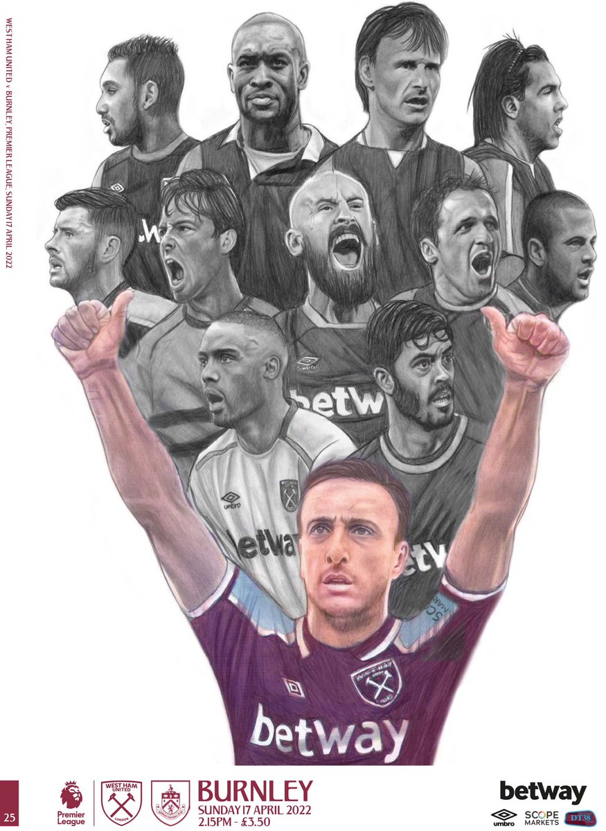 pabloteacasso's tweet image. Delighted to be able to share this, my drawing for the cover of the @WestHam programme v Burnley tomorrow. It was an honour and a privilege to do this ✏️⚒