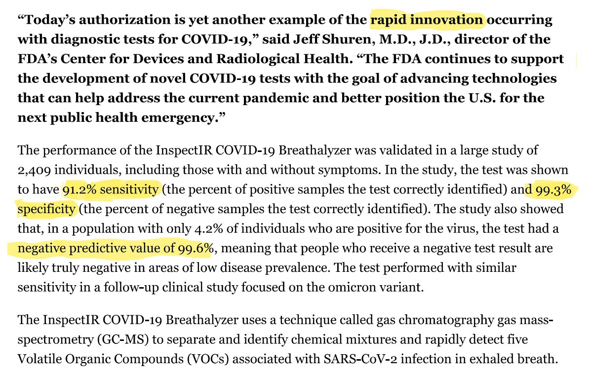 Vaccinologist's tweet photo. US FDA authorized for emergency use the first #COVID19 test based on breath samples. The #breathalyzer #InspectIR uses gas chromatography mass spectrometry to identify chemical mixtures & identify compounds linked to #SARSCoV2 #infection in exhaled breath. https://t.co/3BEHJR64LC https://t.co/JOVKBRQHC5