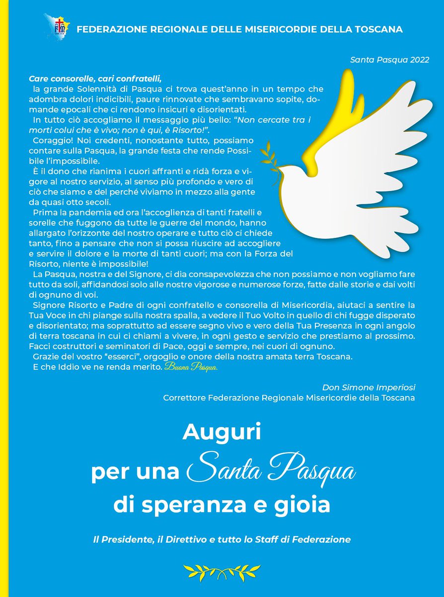 A tutte le sorelle e i fratelli, un sincero augurio per una Santa Pasqua di speranza e di pace nelle parole de nostro correttore regionale don Simone Imperiosi.

#Pasqua2022