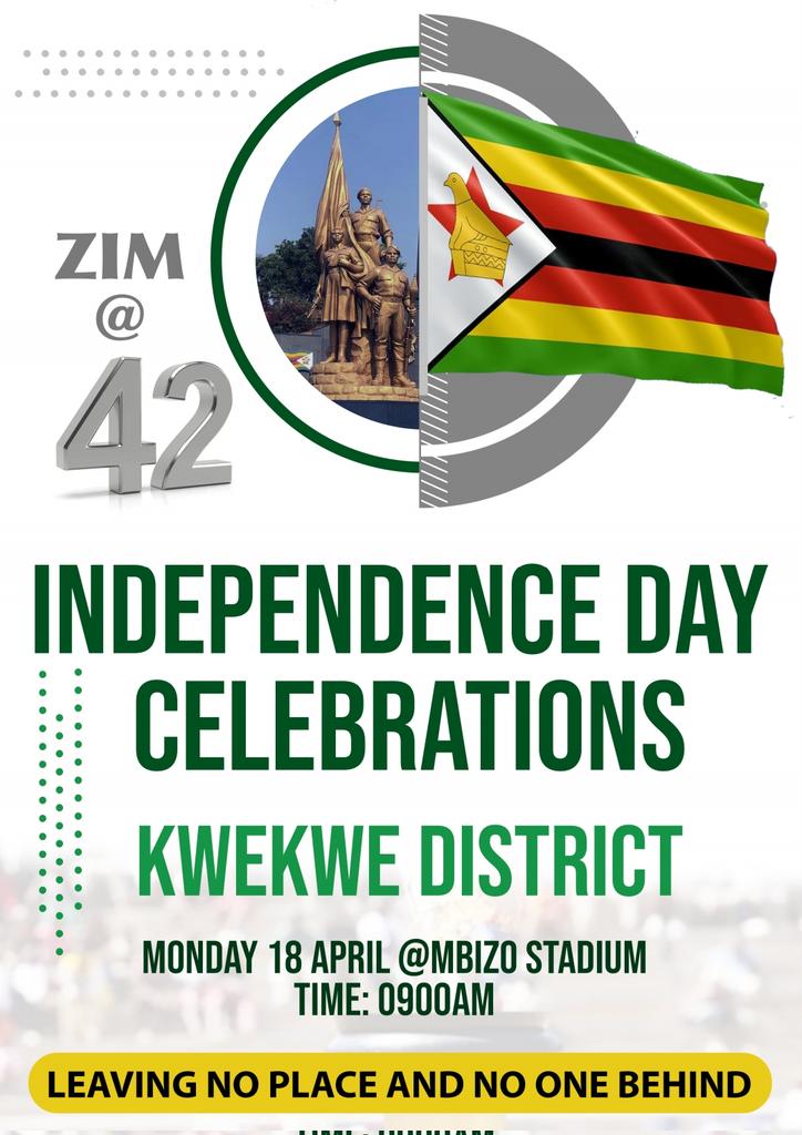 Zim@42 Independence Celebrations at Mbizo Stadium, Monday 18 April.
#42yearsofUhuru
# leavingnooneandnoplacebehind