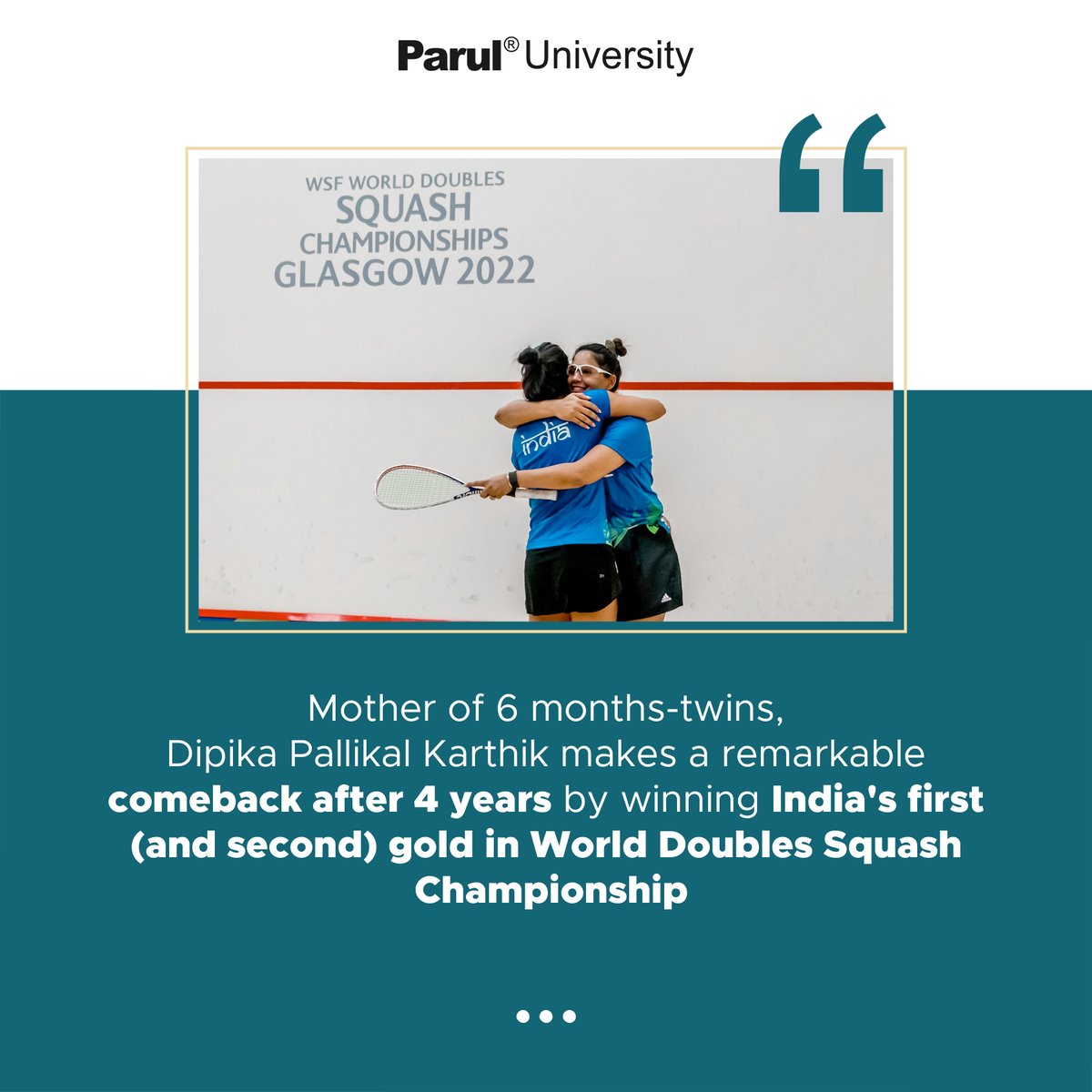 ParulUniversity's tweet photo. Cometh the hour, cometh the superWOMAN!💪🥇
@dipikapallikal clinches two golds at World Doubles Squash Championship with Joshna Chinappa (doubles) and Saurav Ghosal (mixed doubles) organized in Glasgow, Scotland. This was India’s first-ever gold in the finals.
#WSFDoubles https://t.co/TLfYqcCPTh