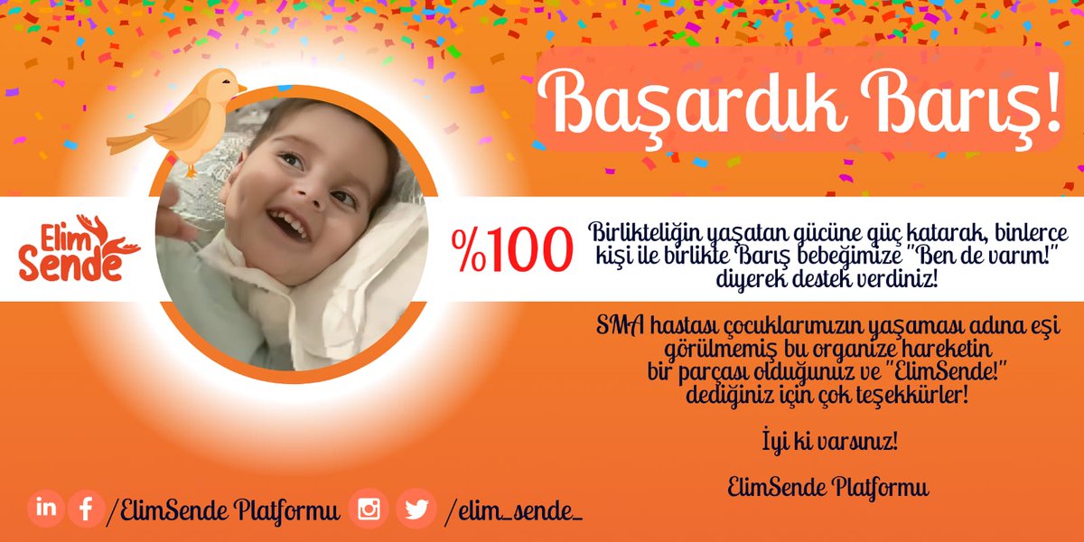 %100

18 ay süren zorlu bir mücadelenin , 11 aylık yoğun bakımın, 4 kez kalp durmasının ardından gözyaşlarının yerini sevinç gözyaşları almasına vesile olan herkesin biri bin olsun.

#elimsende #barış #başardık