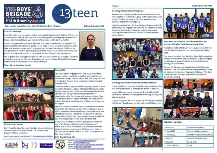13thBromley's tweet photo. Spring/Easter newsletter ready for distribution. Its been a busy few months now we have been back in full action, a few trophies as well. Lots to look forward to as the summer session approaches. Thanks to the design team for the new newsletter logo.
#boysbrigade #13thbromley https://t.co/YPpIsiUUYy