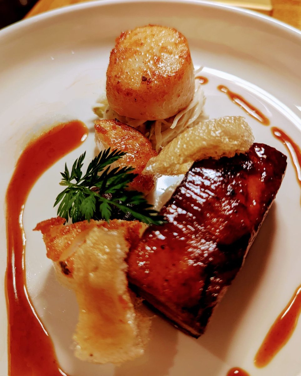 Something to start with, a classic combination. Pork belly, scallop, black pudding, celeriac & apple. #foodie #suffolk