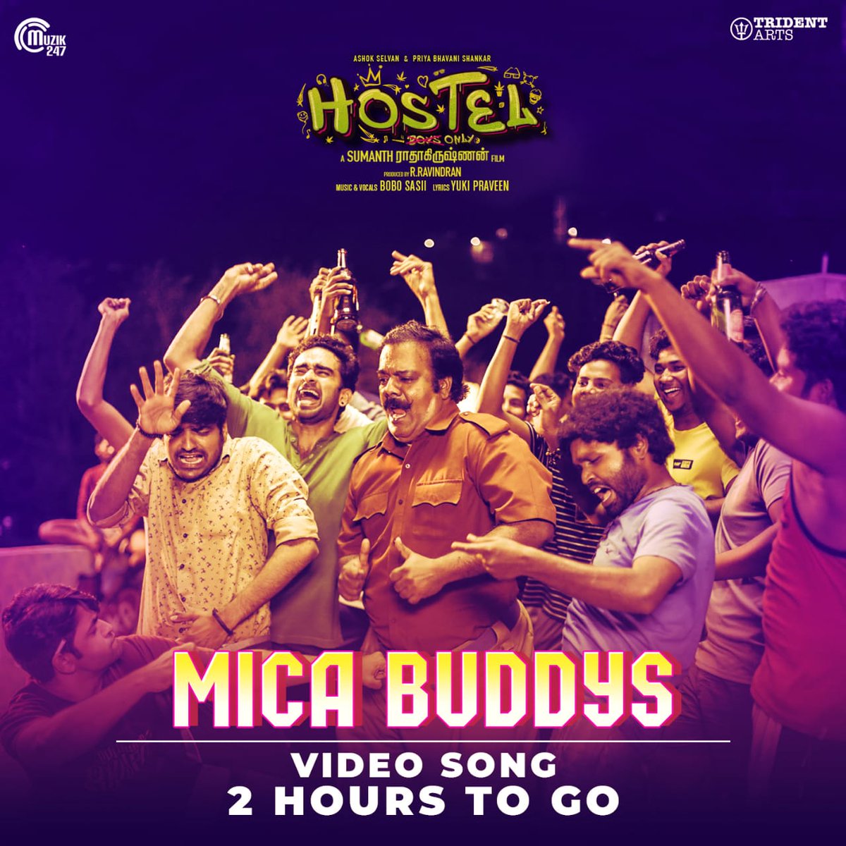 Cine Fort (@cine_fort) on Twitter photo 2 hrs to go for #Micabuddys Video song launch from #Hostel
Music & vocals - #BoboShashi
Lyrics- <a href="/Lyricist_Yuki/">Yuki Praveen</a>
#HostelfromApril28 #HostelTamilMovie
<a href="/tridentartsoffl/">Trident Arts</a> <a href="/MemyselfSRK/">Sumanth ராதாகிருஷ்ணன்</a>
<a href="/AshokSelvan/">Ashok Selvan</a> <a href="/priya_Bshankar/">Priya BhavaniShankar</a> <a href="/actorsathish/">Sathish</a> <a href="/YogiKpy/">kpy yogi</a> @krrishskumar <a href="/pravethedop/">praveen kumar</a> <a href="/Raguledit/">Ragul</a> 2 hrs to go for #Micabuddys Video song launch from #Hostel
Music & vocals - #BoboShashi
Lyrics- <a href="/Lyricist_Yuki/">Yuki Praveen</a>
#HostelfromApril28 #HostelTamilMovie
<a href="/tridentartsoffl/">Trident Arts</a> <a href="/MemyselfSRK/">Sumanth ராதாகிருஷ்ணன்</a>
<a href="/AshokSelvan/">Ashok Selvan</a> <a href="/priya_Bshankar/">Priya BhavaniShankar</a> <a href="/actorsathish/">Sathish</a> <a href="/YogiKpy/">kpy yogi</a> @krrishskumar <a href="/pravethedop/">praveen kumar</a> <a href="/Raguledit/">Ragul</a>