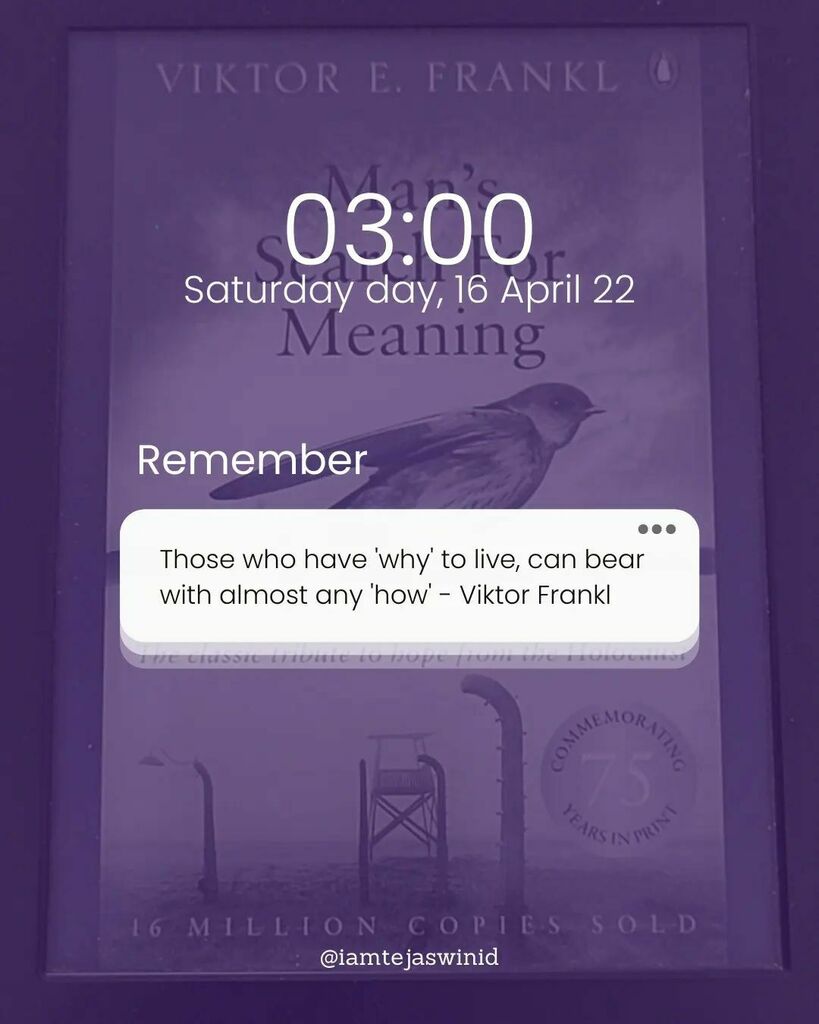tejaswiniD's tweet photo. For all who feel they are always on the wrong side of fate - do read this book.

If u love to read, still read this book. MUST MUST 👍

Man's search for meaning - by Viktor Frankl. 📖

So many people, gurus, thought leaders already had asked us to be g… https://t.co/3NRLKia7OI https://t.co/l9mzk4zRHW