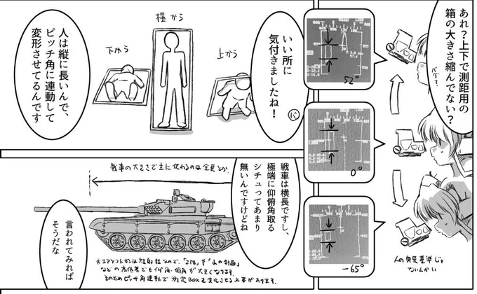 プログラム的にスタジア測距用の枠を描写することのメリットとして、上下方向をピッチ角連動で変形させて、「見上げた/見下ろした時の人の身長」に合わせた測距グリッドにできるんですよね。高低差のあるフィールドで効果を発揮しそうです。(*`ω` *) https://t.co/9qm4ZFE6Vi 