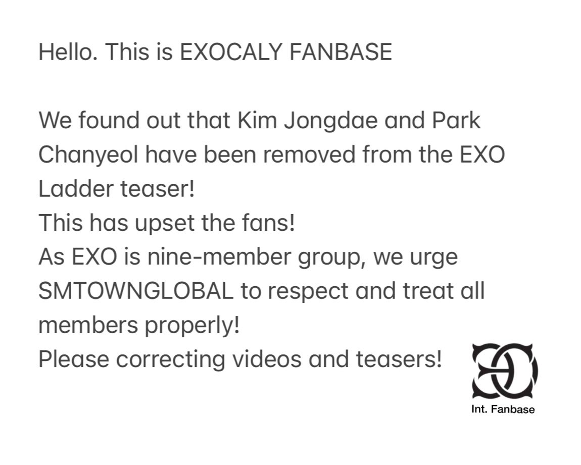 Please respect Jongdae and Chanyeol!
EXO IS NINE!
<a href="/SMTOWNGLOBAL/">SMTOWN</a> <a href="/smcnc_artists/">S.M C&C (에스엠컬처앤콘텐츠)</a> @smcnc_studio <a href="/weareoneEXO/">EXO</a>