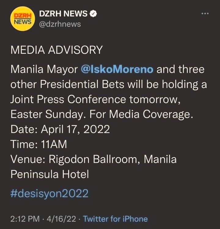 pinoyanghang's tweet photo. Ahem! Eto na yata yung "sorpresa"  matapos ang kwaresma. Iisa lang ang aasahan nating ultimate objective ng presscon na ito:

Paano talunin si Baby M.

Kung may iba pang objective, ilantad na nila, dahil wala na silang sapat na panahon para gumawa ng pre-electoral gimik. https://t.co/slFqcKWvmy