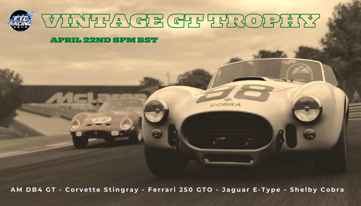 Announcing our next Friday series!

Starting Fri 22nd of April, we take to the track in our Vintage GT Trophy. 

Back to a golden age of motor racing where the unity of man and machine was evident in every turn. 

Head over to our discord server to sign up discord.gg/gcMg5vg