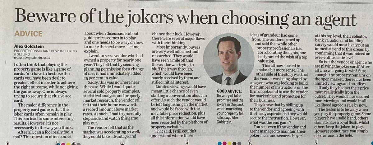 AlexOGoldstein's tweet image. Hitting the #propertypages in today's @yorkshirepost - is your estate agent a joker in the pack? #goldstandard #propertyinsider #buyanewspaper. Thank you @propertywords