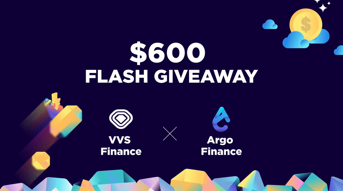 💰 $600 Flash Giveaway with our new IGO partner <a href="/ArgoProtocol/">Argo💧| Liquid Staking & NFTs on Cronos</a>  ⚡️

To enter:
1️⃣ Follow <a href="/VVS_finance/">VVS-Finance</a>  &amp; <a href="/ArgoProtocol/">Argo💧| Liquid Staking & NFTs on Cronos</a> 
2️⃣ Join t.me/VVSFinance &amp; t.me/Argo_Finance
3️⃣ RT this post, tag 3 friends in the comments

💰 $200 for 3 lucky winners, ends in 48 hours ⏰