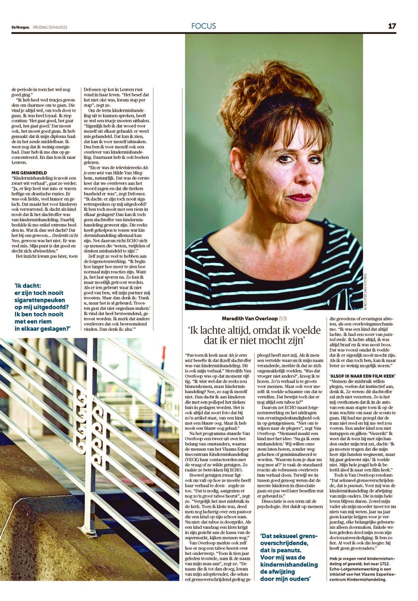 Echo-lotgenotenwerking haalt haar primeur in de krant. Moeilijke woorden als kindermishandeling en dissociatie krijgen bestaansrecht. Je bent niet alleen.
<a href="/demorgen/">De Morgen</a> <a href="/V_EC_K/">Expertisecentrum Kindermishandeling (VECK)</a>