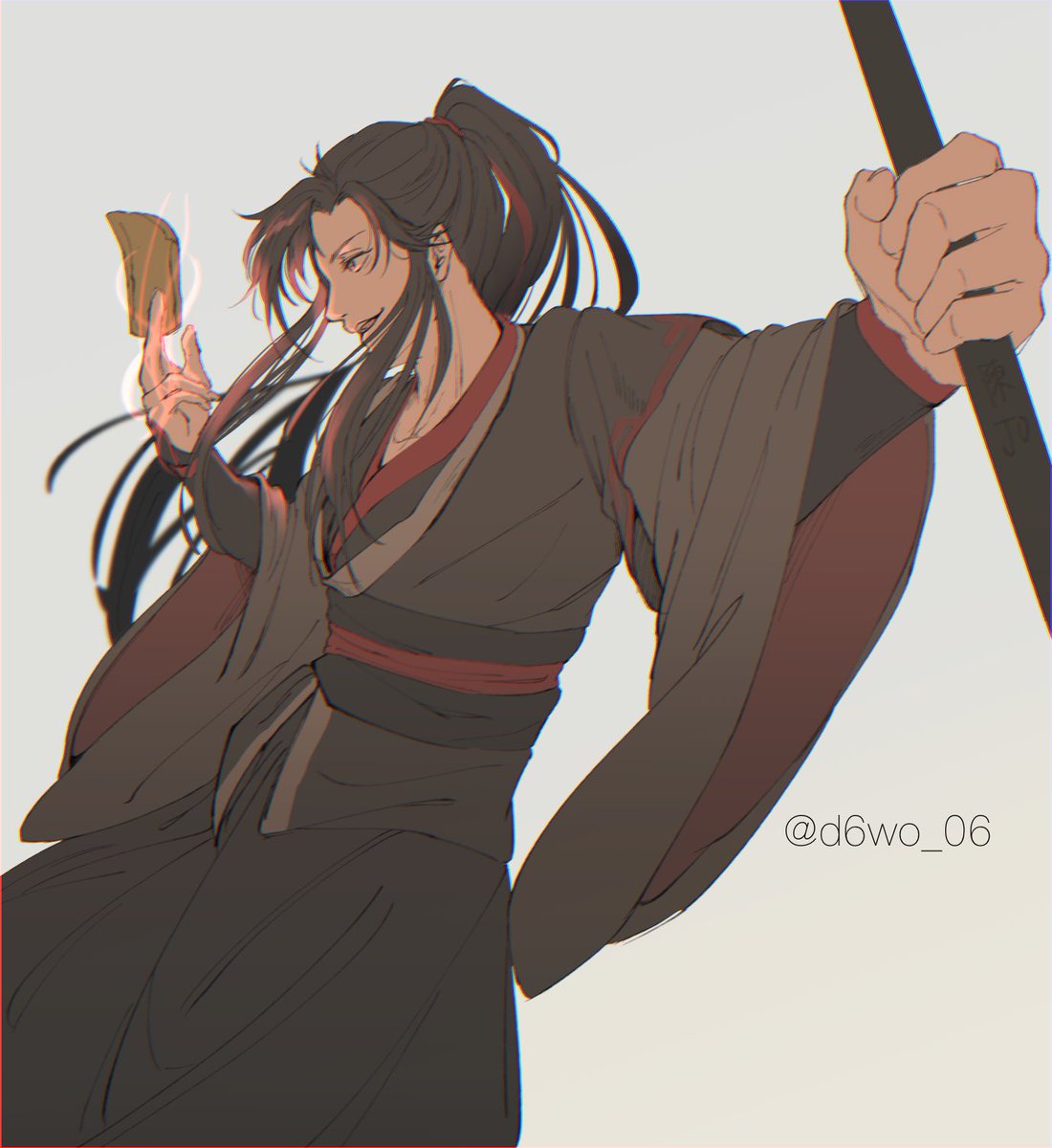 1boy male focus long hair solo holding ponytail long sleeves  illustration images