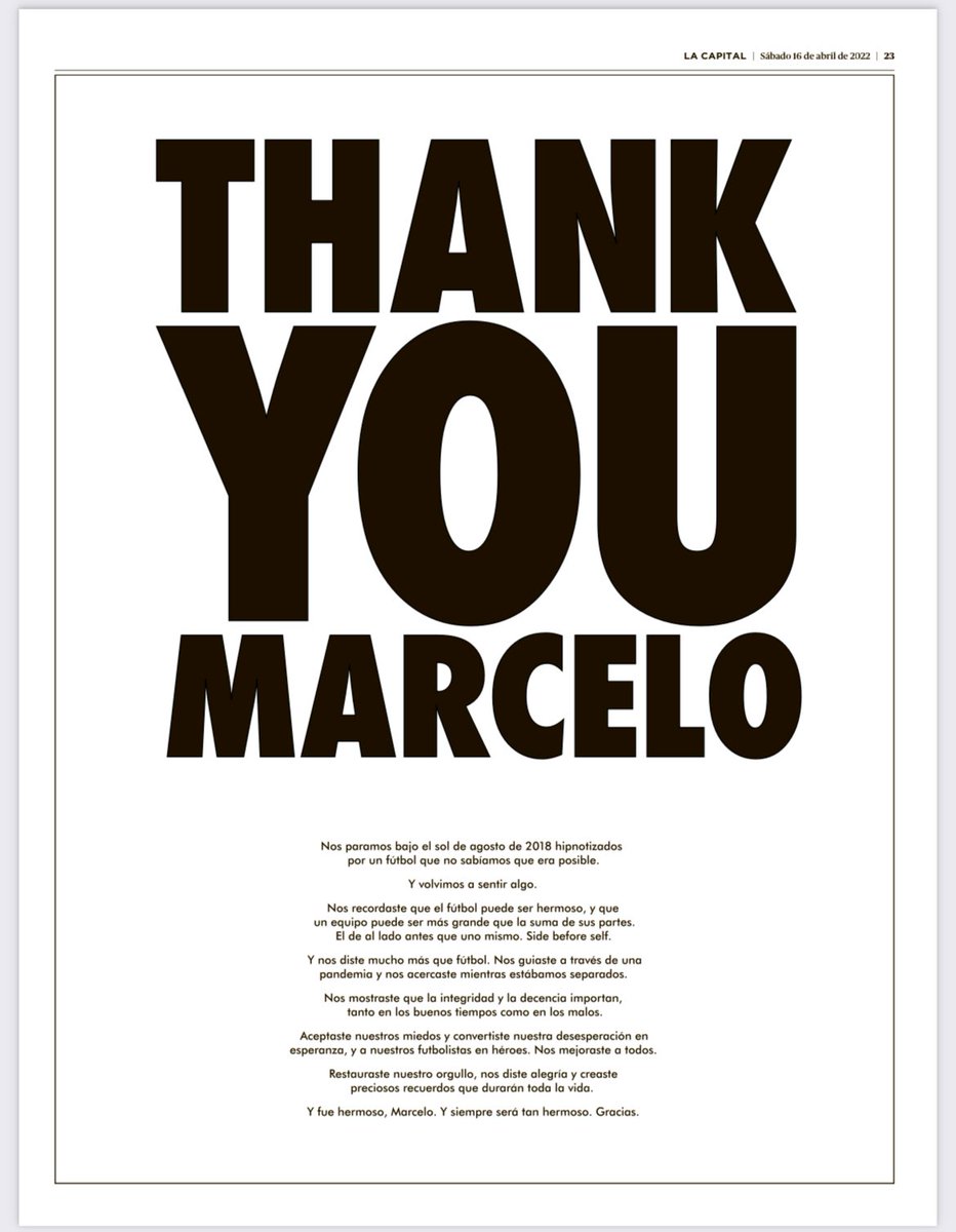 Footballogue's tweet photo. Des supporters de Leeds ont fait en sorte que le message "Merci Marcelo" soit présent en pleine page dans dans le plus grand journal de Rosario, 
@lacapital. 

Marcelo Bielsa aura marqué plusieurs générations à travers le monde, c'est incroyable ! Quel homme ! ✨

(@AndrewHaigh) https://t.co/Kb2o2mZYlC