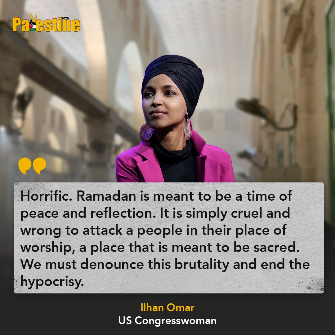 VPal_team's tweet photo. The US Congresswoman Ilhan Omar has firmly condemned the brutal israeli attacks on Palestinian worshippers at Al-Aqsa mosque, highlighting the world's hypocrisy which must be end. https://t.co/AOYYmTmEB1