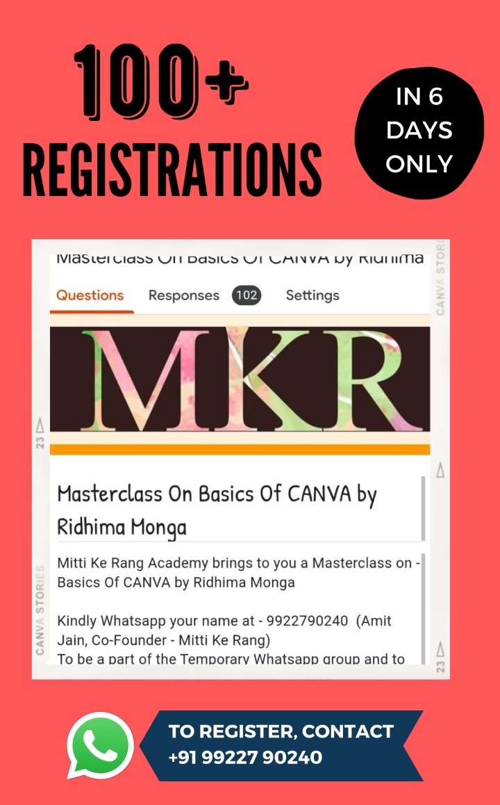 mitikerang's tweet photo. Crossed 100+ registrations in 6days !!!
Mitti Ke Rang Academy brings to you a Masterclass on - Basics Of CANVA
Conducted by Ridhima Monga
17th April 2022 | 2 p.m. | FREE Masterclass
Register:
https://t.co/dRrUtxg7K3
#masterclass #academy #2022 #canva #designingtool https://t.co/l3Spo3y4wR