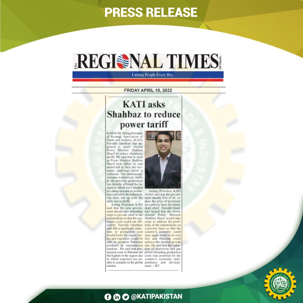 katipakistan's tweet photo. KATI Appealed to PM Shahbaz Sharif  to Reduce Electricity tariffs: Farrukh Qandhari

#president #FarrukhAliQandhari #KATI #pakistan #pakistanzindabad #pakistani  #Korangi #KatiPakistan #KorangiIndustry #electedPM #electricity #electricityTraiffs https://t.co/GgxhIC9HI3