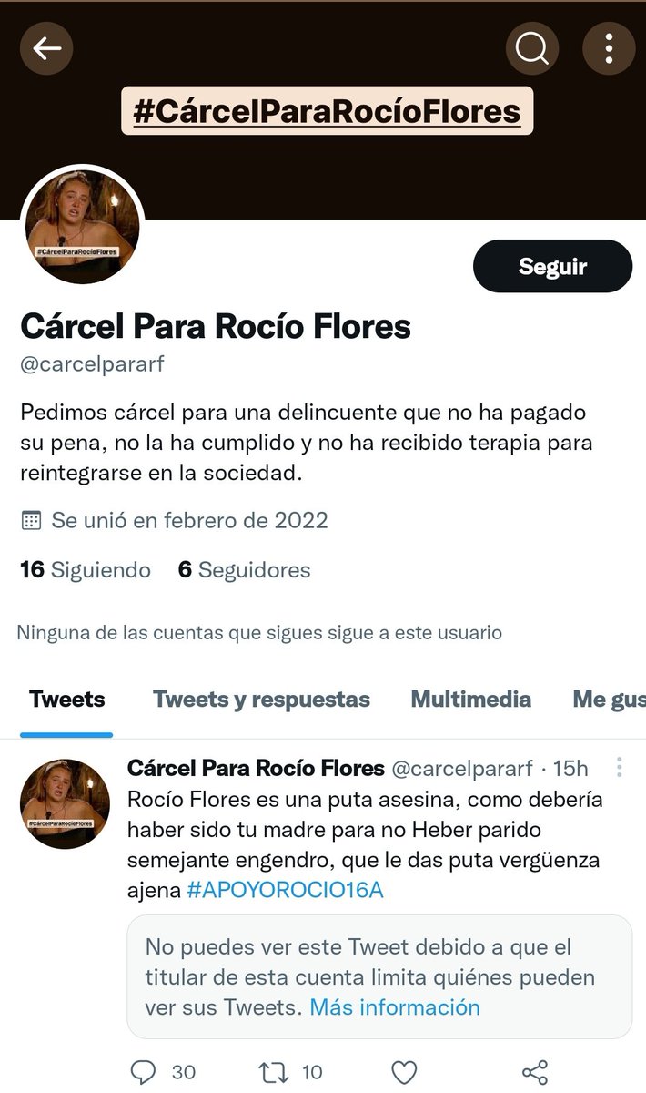 Ayudarme a denunciar a esta cuenta de Twitter plis. Esta pidiendo cárcel a Rocio Flores una cosa que cuenta, ella ya cumplió su condena. 🙏🙏🙏
#YoMeRebelo16A