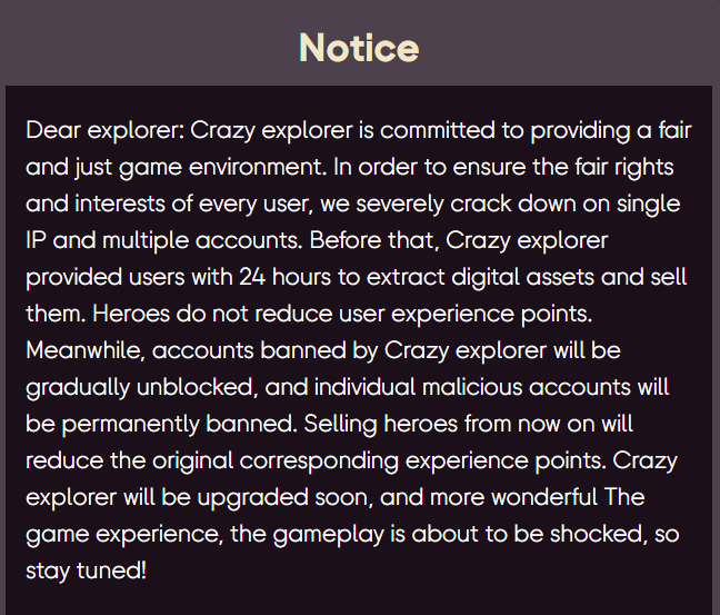 czerExplorer's tweet photo. Important Notice

#NFT #GameFi #CrazyExplorer https://t.co/BkRC9yjJXU