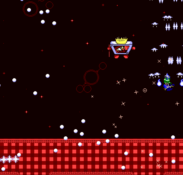 Mima fighting an animated playing card with a crown and a staff over a starry background with a plaid carpet at the bottom of the screen