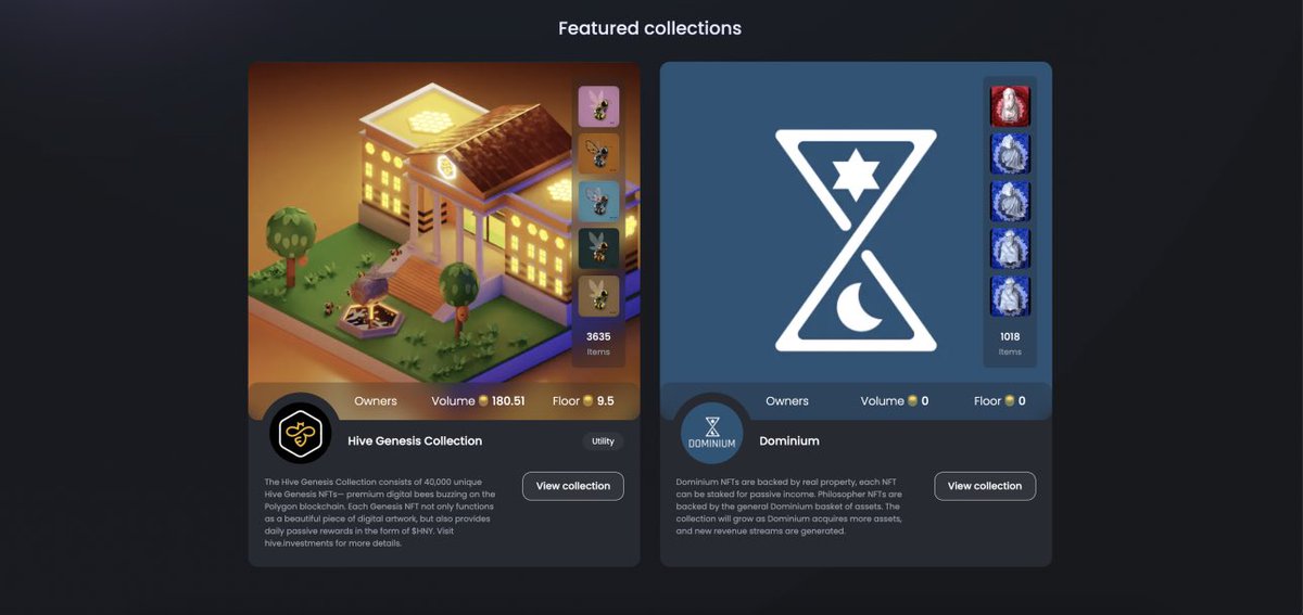 🥳 <a href="/DominiumFi/">Dominium</a> a naas project backed by  real world assets now the 1st NFT collection besides @hiveinvestments on Hexagon #HIVE’s marketplace. @fIr_Pixel_Hive <a href="/El_Petitos1/">El_Petitos</a> @V_A_L_R <a href="/JonesyCrypto/">CryptoJonesy</a> @RobotoCrypto11 <a href="/shapperscrypto/">Jonny Shapland</a> @lordsnow100x