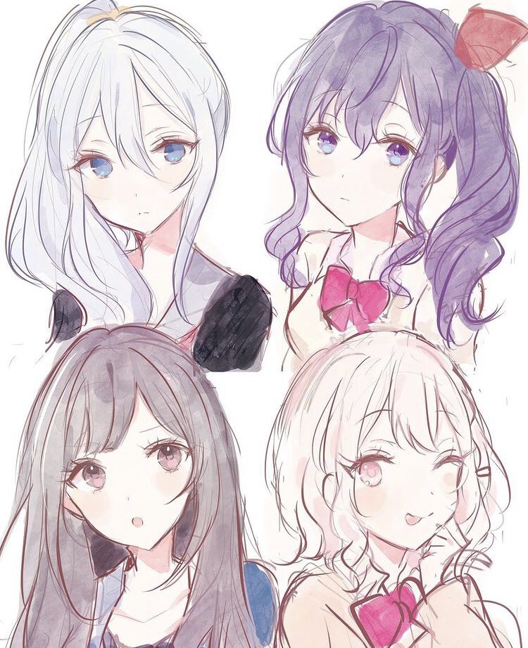 multiple girls 1other blue eyes brown hair side ponytail tongue out purple hair  illustration images