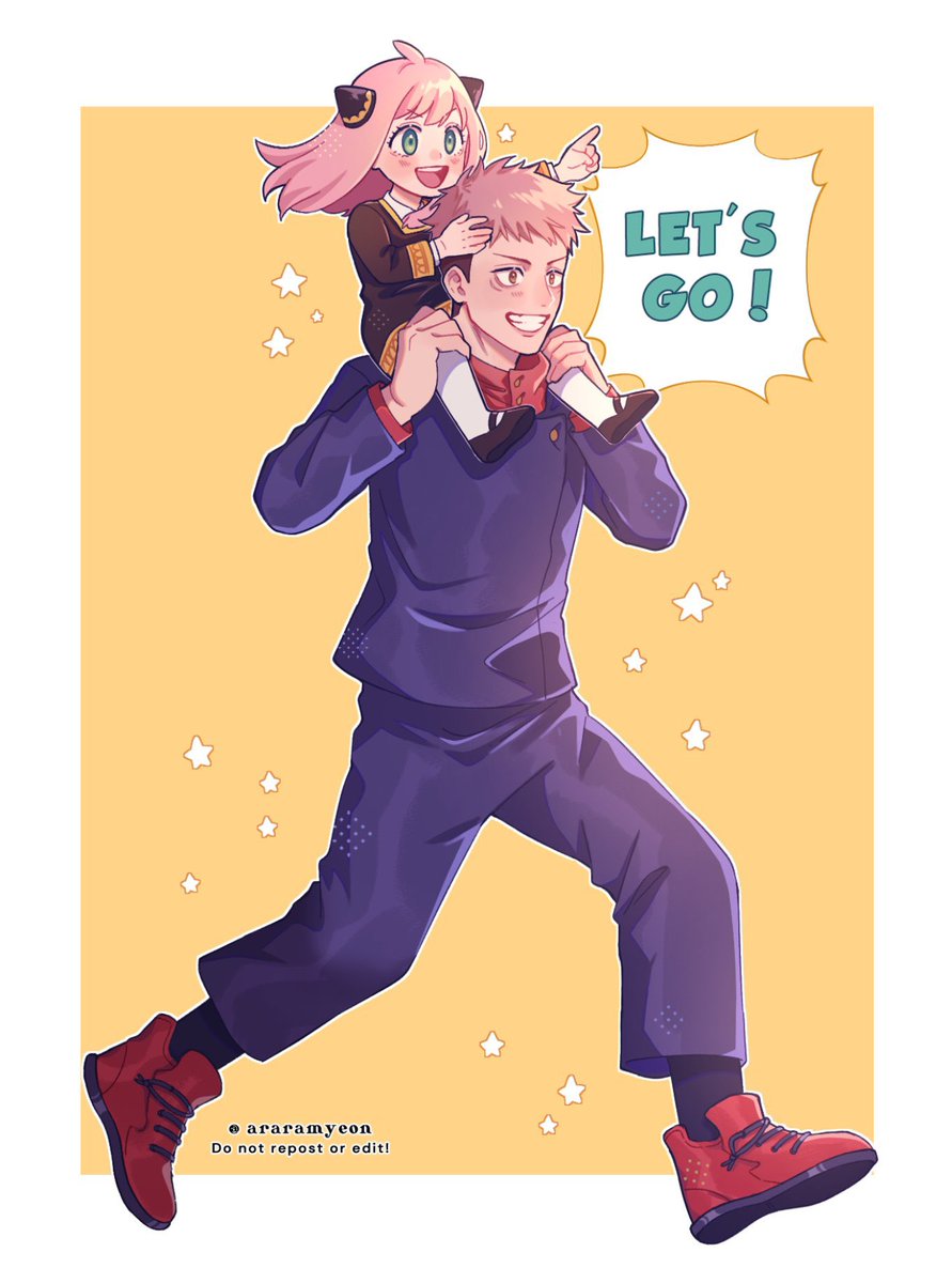 anya (spy x family) ,itadori yuuji pink hair 1girl school uniform 1boy crossover red footwear smile  illustration images
