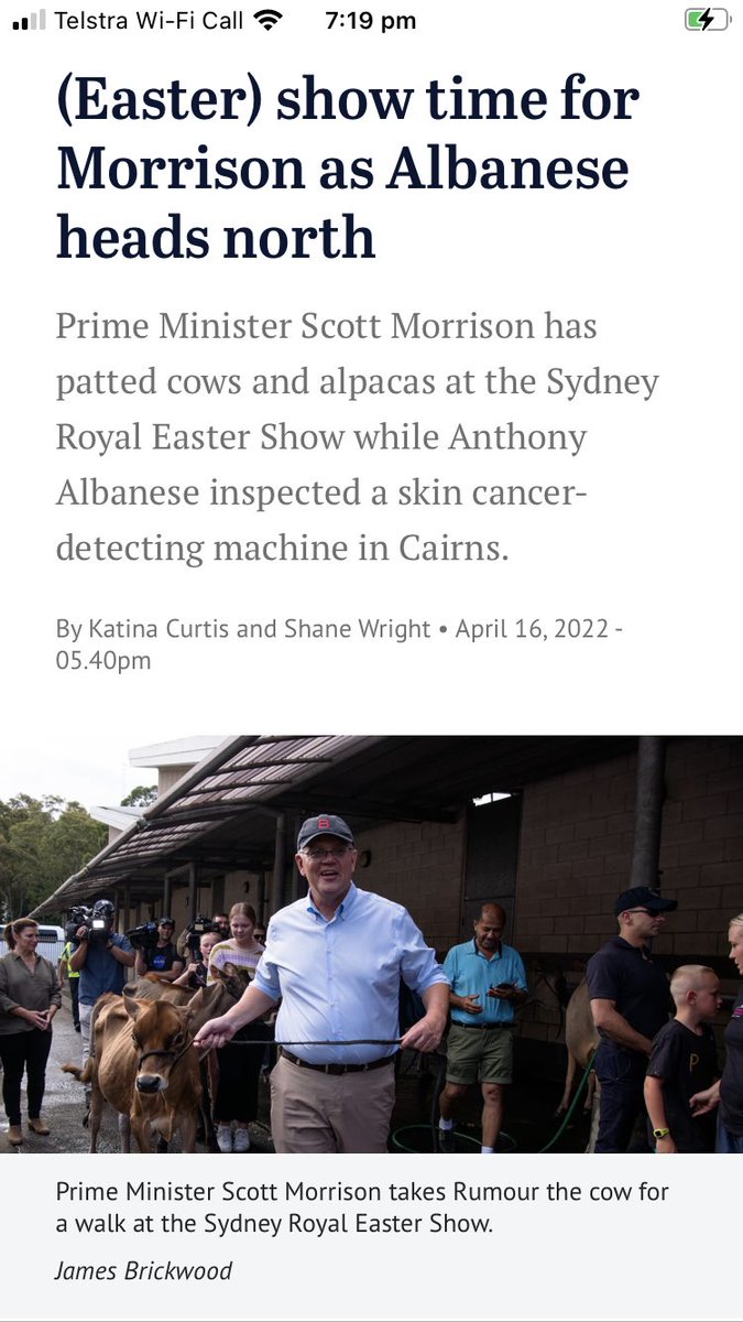 HelzyNolan's tweet photo. Anthony Albanese: Inspects technology that can save people’s lives. 

Scott Morrison: Fraternises with bovines and camelids. 

PM on fire as usual

..The poor cow looks like that other dog making “help me” eyes from a few days ago. #ausvotes  #Albo4PM https://t.co/Yao4L0aSQV