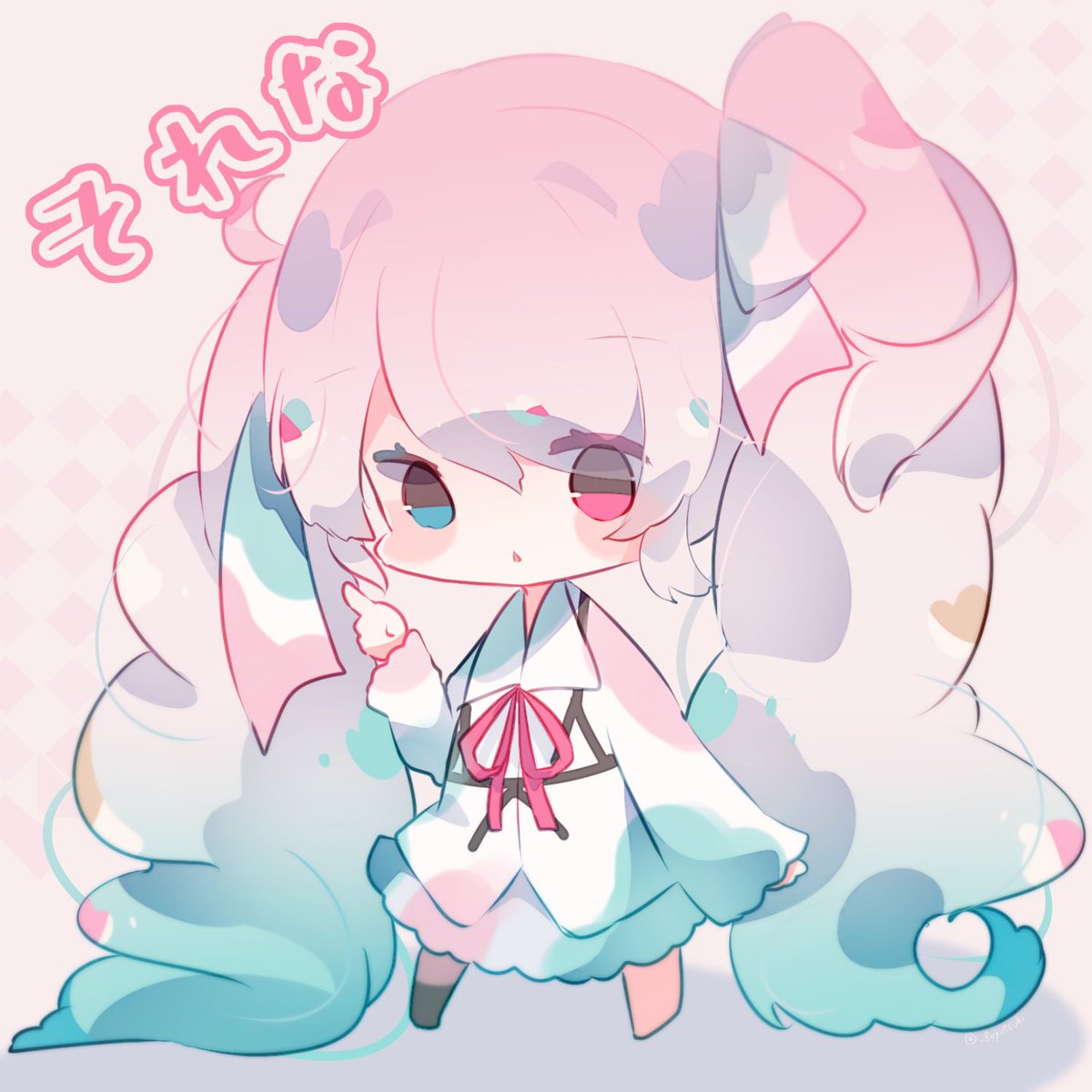 hatsune miku 1girl heterochromia solo twintails chibi long hair very long hair  illustration images