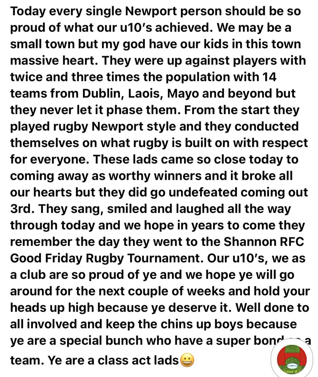 Newport_rugby's tweet photo. A few tears shed but we had a ball as our u10’s went to Shannon’s Good Friday tournament, went undefeated but finished 3rd place.Our club are so proud of each and everyone of them.Most of all boys ye kept the code of rugby alive with the respect ye showed to everyone.@IrishRugby https://t.co/U4L1YTWjJv