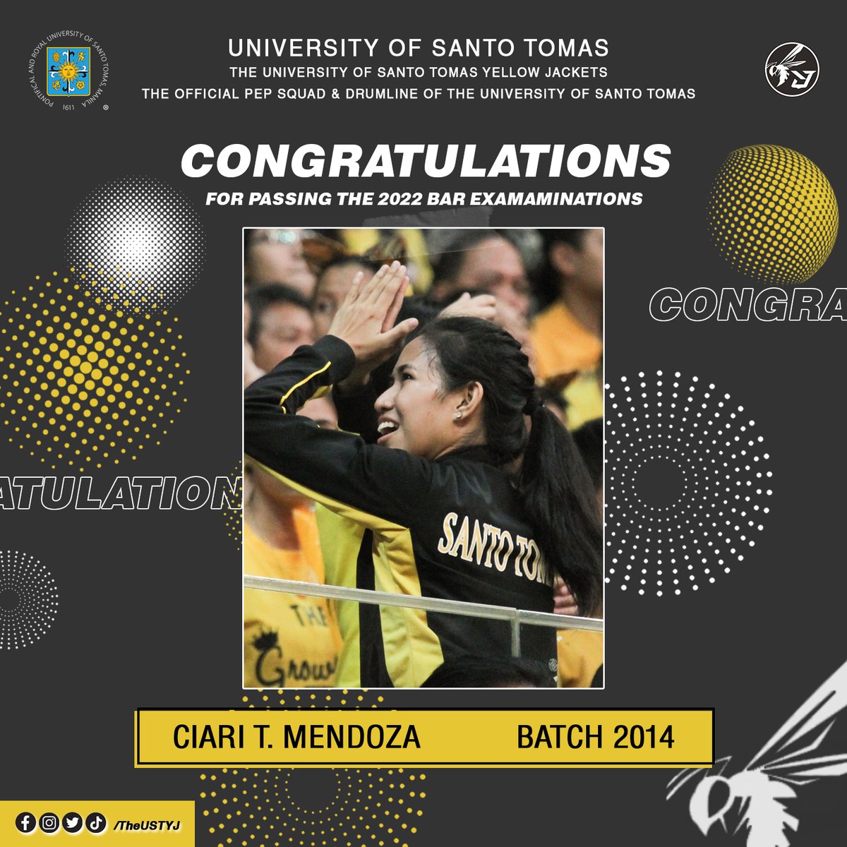 TheUSTYJ's tweet photo. Congratulations to our fellow YJ who have recently passed the 2022 Bar Exams! Suaviter in Modo, Fortiter in Re!ππ₯π
#BrotherhoodNeverStops
#KeepOnCheering
#KeepOnBanging
#OneForUST https://t.co/ypq7lfeDBy