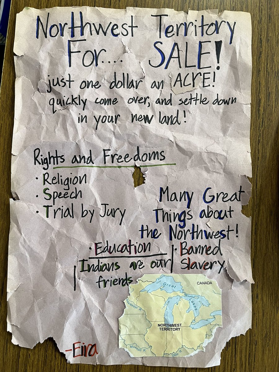 teachinggrade4's tweet photo. 4th graders were hired to advertise land in the Northwest Territory … available for purchase for just $1. We are encouraging settlers to move to the Ohio territory in preparation for Pioneer Day! @IHElementary https://t.co/lw4wX6OrNY