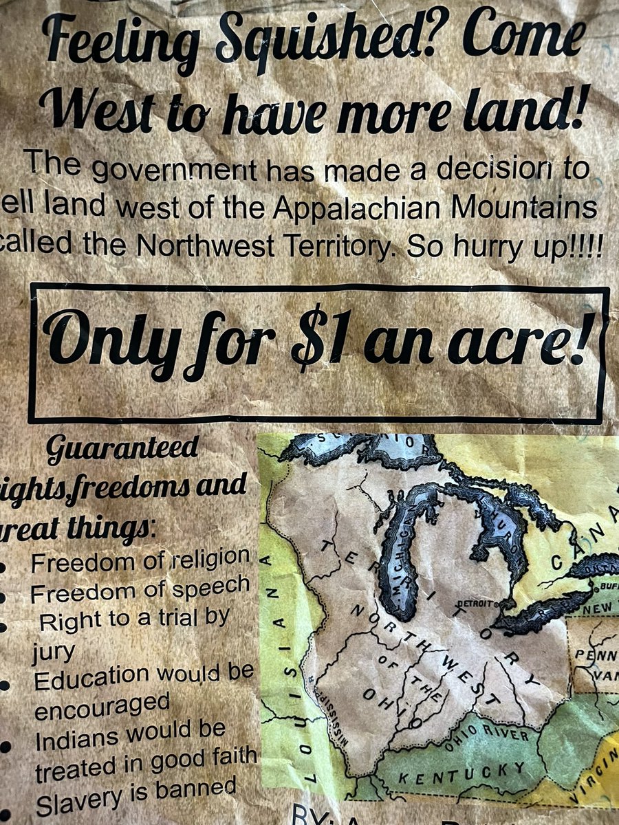 teachinggrade4's tweet photo. 4th graders were hired to advertise land in the Northwest Territory … available for purchase for just $1. We are encouraging settlers to move to the Ohio territory in preparation for Pioneer Day! @IHElementary https://t.co/lw4wX6OrNY