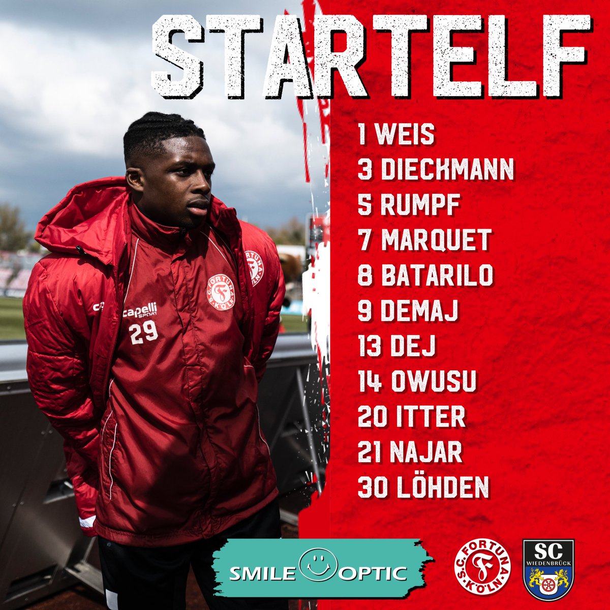 Folgende Jungs sollen es gegen den SC Wiedenbrück richten 🔴⚪️
Die Startelf wird präsentiert von Smile Optic