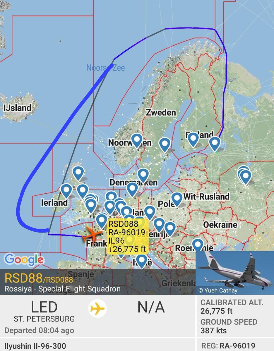 airplusnews's tweet photo. 🇷🇺 Saint Petersbourg - Paris CDG en 8h36 de vol !

▫️Un IL96 du gouvernement russe est arrivé à Paris pour récupérer des diplomates russes expulsés par la France.

L’avion a emprunté une route très au nord puis un survol de l’Atlantique afin d’éviter les pays européens. https://t.co/d1Jk3qf5fj