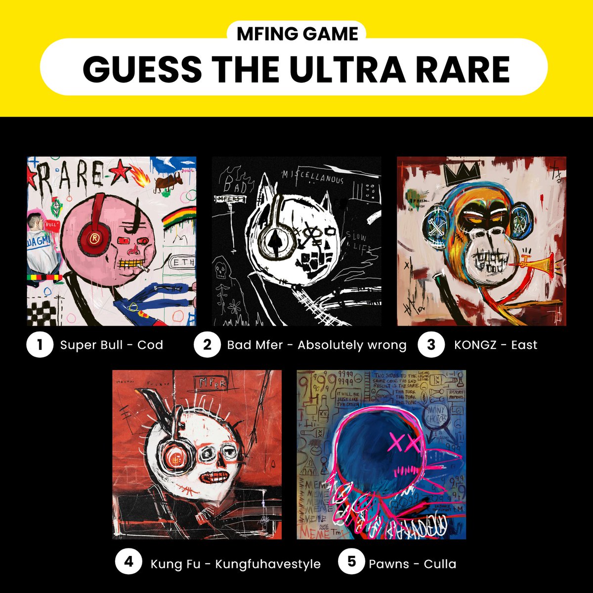 Play &amp; win mfers 
Which ultra rare do you think is gonna be minted next? 

how to play:
- reply with ONE choice (TWO if you hold a bmfer)
- your wallet eth/tez
- like &amp; rt 

40 winners get pre-reveal gif airdropped (gif in comment)

(20 eth /20 tez)

GL #Mfers

#NFTGiveaways