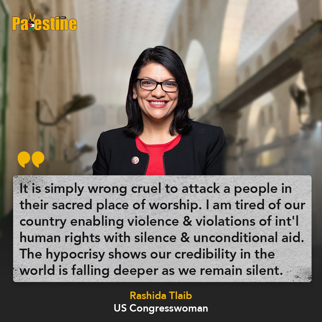 VPal_team's tweet photo. US Congresswoman Rashida Tailb condemned brutal Israeli attacks on Palestinian worshipers at Al-Aqsa mosque, saying "The hypocrisy shows our credibility in the world is falling deeper as we remain silent". https://t.co/642P2ycHxs