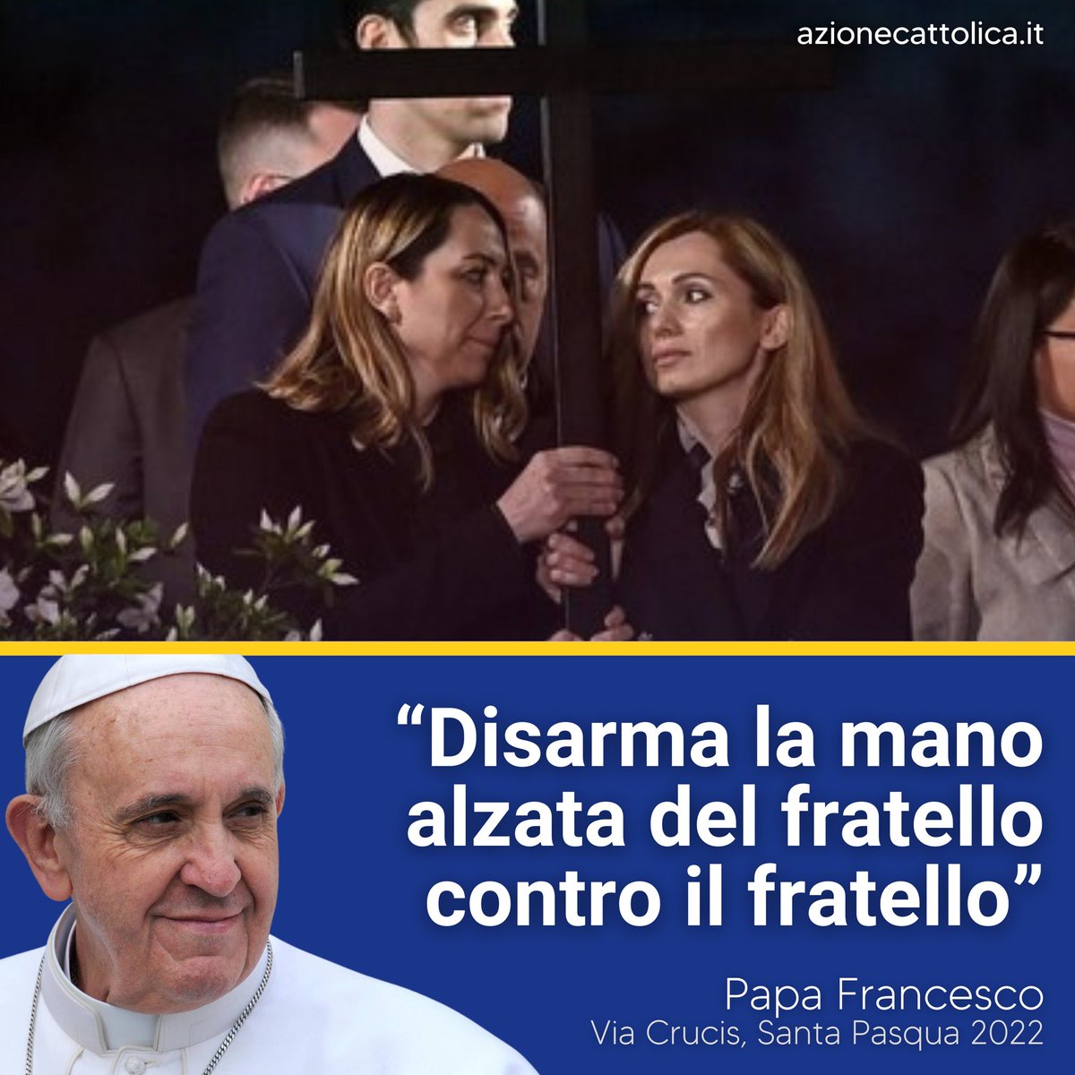 AC1868's tweet photo. “Disarma la mano alzata del fratello contro il fratello, perché dove c’è l’odio fiorisca la concordia”.​
​
🙏🏻 Queste le parole di @Pontifex_it, al termine della #ViaCrucis, accompagnate dal gesto di Irina e Albina che hanno portato assieme la #Croce nel silenzio della preghiera. https://t.co/nEZJdJ9IHW