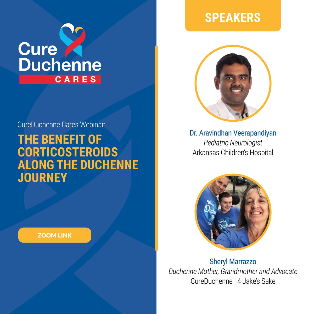 CureDuchenne's tweet photo. Join us via Zoom for The Benefit of #Corticosteroids on April 21st 11:00am PT/2:00pm ET, hosted by Dr. Aravindhan Veerapandiyan and Sheryl Marrazzo.

https://t.co/J1rTooW9fY https://t.co/k9SztBiryq
