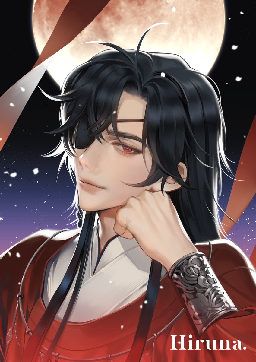 eyepatch 1boy male focus black hair long hair chinese clothes moon  illustration images