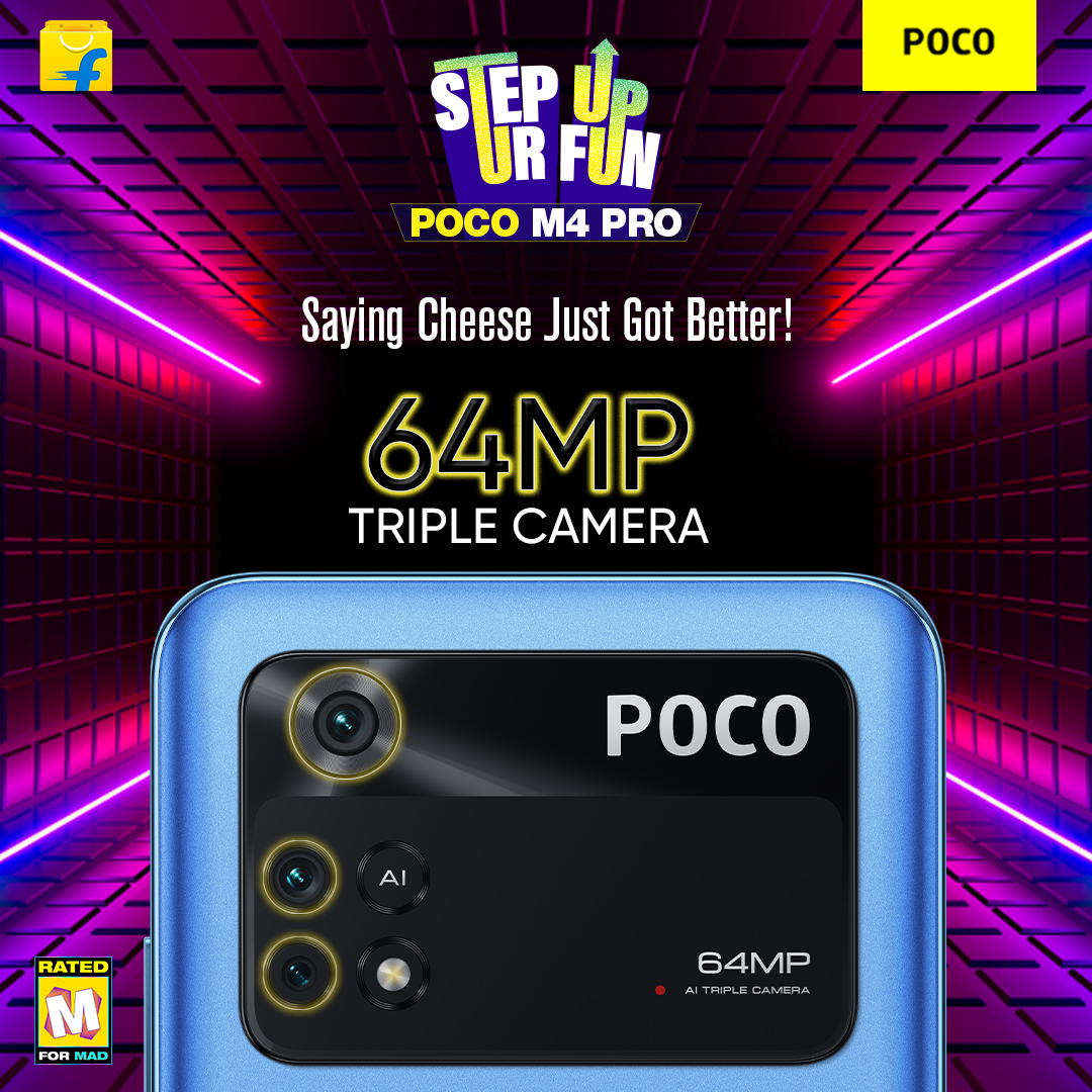 IndiaPOCO's tweet photo. #StepUpUrFun and strike your best pose with the #POCOM4Pro’s 64MP triple camera. Make it yours at ₹12999/-* here: https://t.co/4XhL7l4txw
*T&C Apply https://t.co/SWplWeJFgC