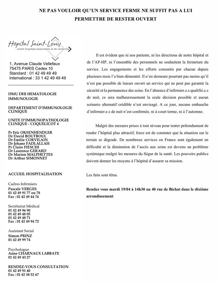 Léa Moukanas (@leamoukanas) on Twitter photo Cher <a href="/MartinHirsch/">Martin Hirsch</a>, malgré tous vos efforts, les faits sont têtus.
Le courrier du service de <a href="/HopSaintLouis/">Hôpital Saint-Louis AP-HP</a>, contraint de fermer faute de personnel 👇
<a href="/cih_st/">CIH hôpital Saint-Louis</a> Cher <a href="/MartinHirsch/">Martin Hirsch</a>, malgré tous vos efforts, les faits sont têtus.
Le courrier du service de <a href="/HopSaintLouis/">Hôpital Saint-Louis AP-HP</a>, contraint de fermer faute de personnel 👇
<a href="/cih_st/">CIH hôpital Saint-Louis</a>