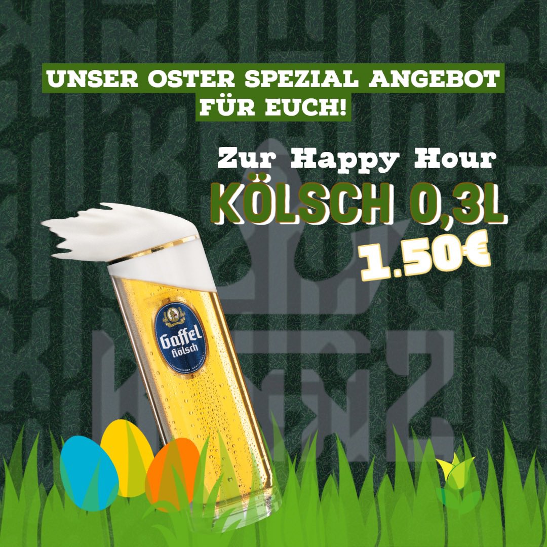 KinkZCologne's tweet photo. Zu Ostern haben wir für euch ein ganz besonderes Angebot!

In der Happy Hour bekommt ihr 0.3l Kölsch für nur 1.50€.
Schreibt es euch hinter die Löffel🐰.

#ostern #gay #kinky #party #kölsch https://t.co/iIcXdd3OAl